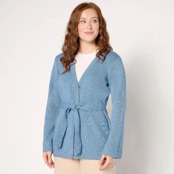 Diane Von Furstenberg Sz L Belted Blue Stretch Cardigan Pockets Long Sleeve